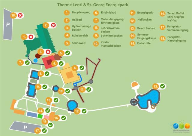 Mapa termálního areálu s označením rekonstruovaných bazénů