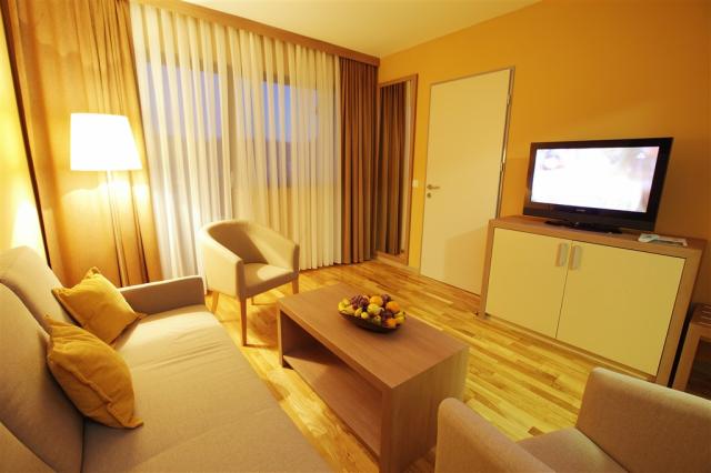 Pokoj s pohledem na televizi a gauč hotelu Breza.