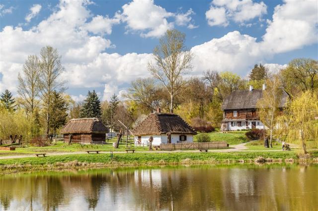 Pohled z rybníka směrem k dřevěným chatkám v Muzeu lublinské ve
