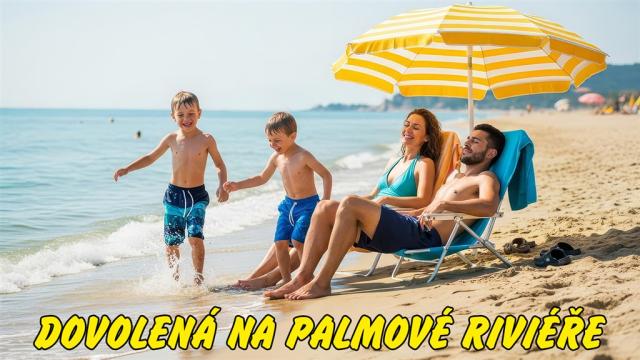 Rodiná s dětmi na písečné pláži.