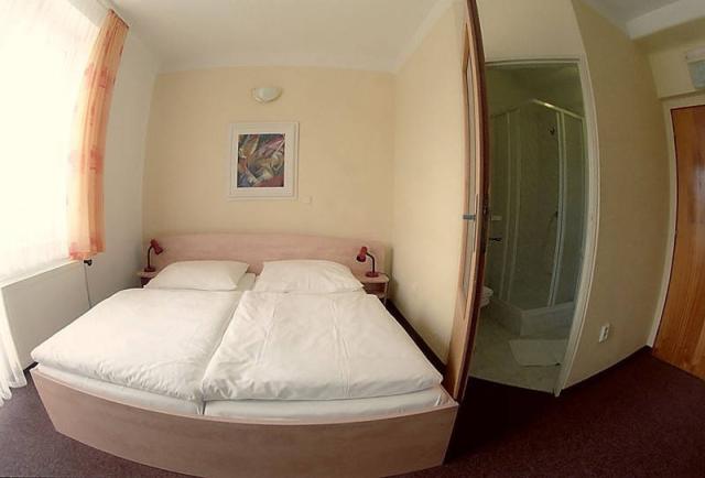 Pokoj 2-lůžkový manželská postel a hygienické zařízení.