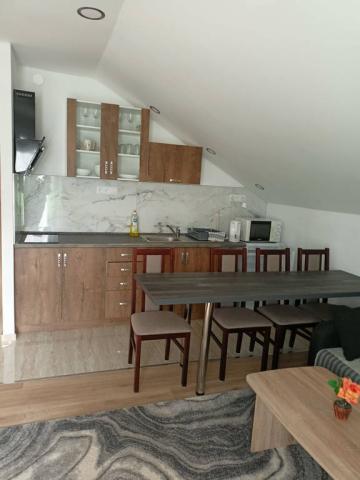 Apartmán obytná část kuchyňský kout, jídelní stůl.
