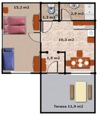 Apartmán pro 3-4 osoby schéma.
