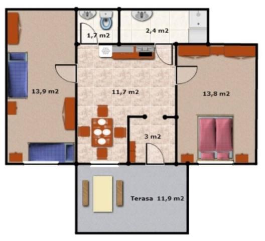 Apartmán pro 4 osoby schéma.