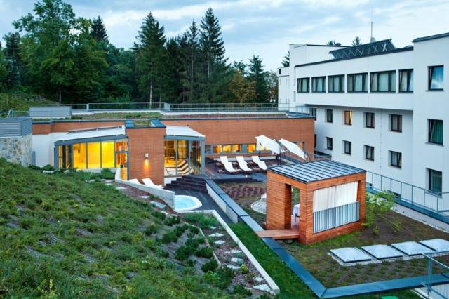 Venkovní wellness s vířivkou a lehátky.