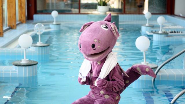 Vnitřní bazén proplouvací a maskot hotelu.