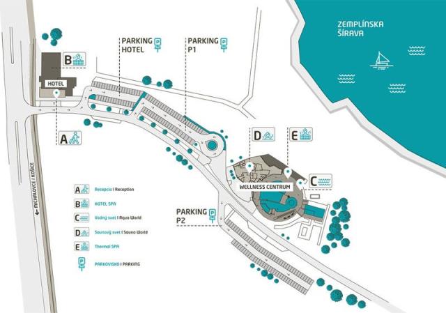 Mapa hotel - parkoviště - wellness centrum s bazény.