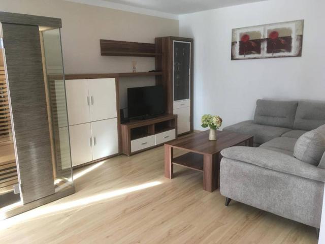 Apartmán obývací pokoj s gaučem a infra saunou.
