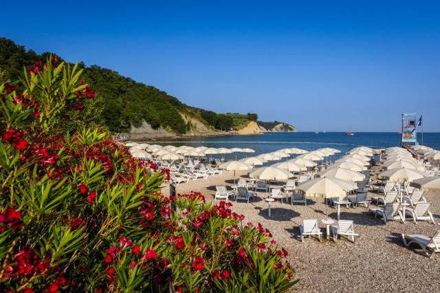 Pláž se slunečníky.