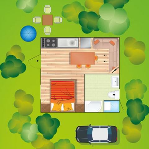 Mobilní dům H PLUS, Manželská postel 190 x 150 cm, Camping Sabb