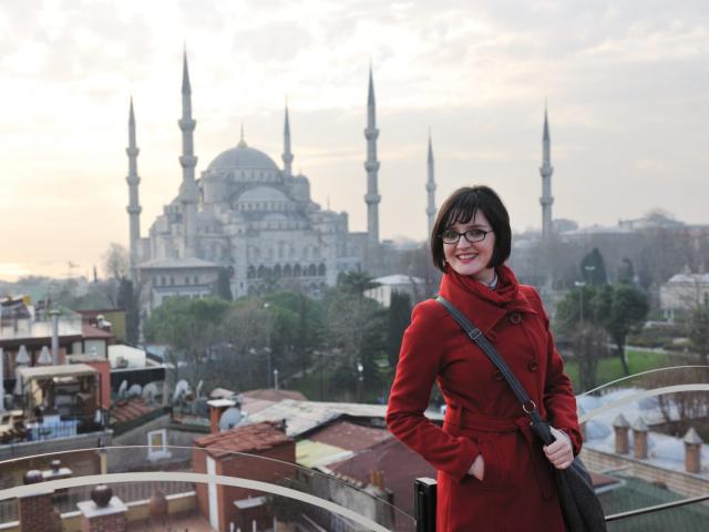happy young tourist woman travel visit ancient istambul in turk