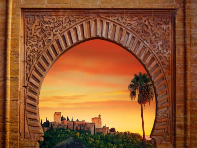 Alhambra arch Granada illustration with alhambra sunset photo m