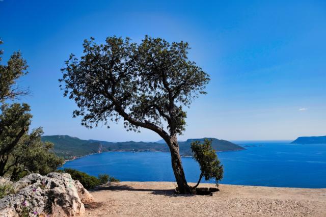 Vyhliadka na Stredozemné more a zelený polostrov. Antalya. Ture