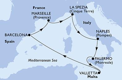 Itálie, Malta, Španělsko, Francie z Barcelony na lodi MSC Seaview