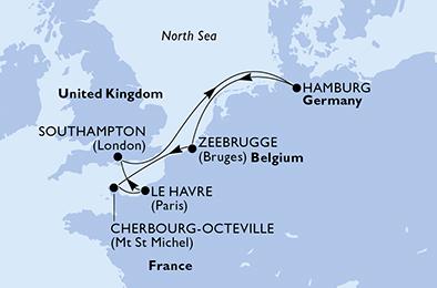 Francie, Velká Británie, Německo, Belgie z Le Havru na lodi MSC Preziosa