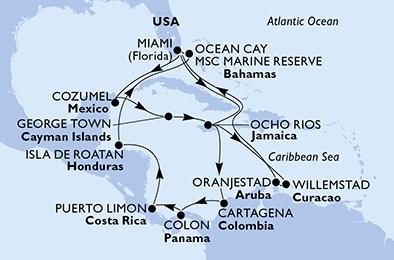 USA, Jamajka, Kolumbie, Panama, Kostarika, Honduras, Bahamy, Mexiko, Kajmanské ostrovy, Curacao, Aruba z Miami na lodi MSC Divina