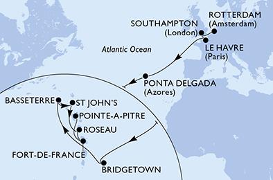 Nizozemsko, Velká Británie, Francie, Portugalsko, Barbados, Svatý Kryštof a Nevis, Antigua a Barbuda, Dominika, Martinik, Guadeloupe z Rotterdamu na lodi MSC Virtuosa