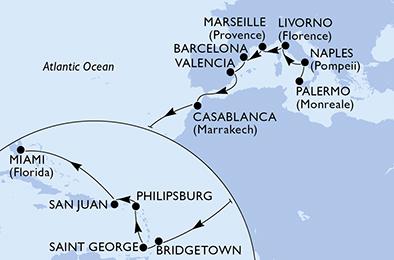 Itálie, Francie, Španělsko, Maroko, Barbados, Grenada, Svatý Martin, USA z Palerma na lodi MSC Seaside