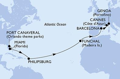 USA, Svatý Martin, Portugalsko, Španělsko, Francie, Itálie z Port Canaveralu na lodi MSC Grandiosa