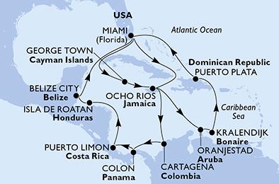 USA, Kajmanské ostrovy, Jamajka, Aruba, Bonaire, Dominikánská republika, Kolumbie, Panama, Kostarika, Honduras, Belize z Miami na lodi MSC Poesia