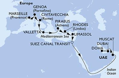 Francie, Itálie, Malta, Řecko, Kypr, Egypt, Omán, Katar, Spojené arabské emiráty z Marseille na lodi MSC World Europa