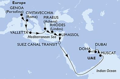 Itálie, Malta, Řecko, Kypr, Egypt, Omán, Katar, Spojené arabské emiráty z Janova na lodi MSC World Europa