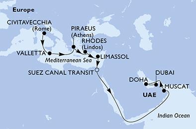 Itálie, Malta, Řecko, Kypr, Egypt, Omán, Katar, Spojené arabské emiráty z Civitavecchia na lodi MSC World Europa
