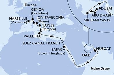 Spojené arabské emiráty, Omán, Egypt, Malta, Itálie, Francie z Dubaje na lodi MSC World Europa