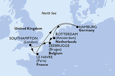 Německo, Nizozemsko, Belgie, Velká Británie, Francie z Hamburku na lodi MSC Preziosa