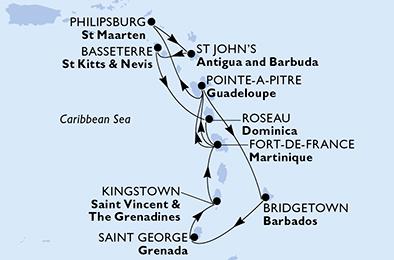Barbados, Grenada, Svatý Vincenc a Grenadiny, Martinik, Guadeloupe, Svatý Martin, Antigua a Barbuda, Svatý Kryštof a Nevis, Dominika z Bridgetownu na lodi MSC Seaview