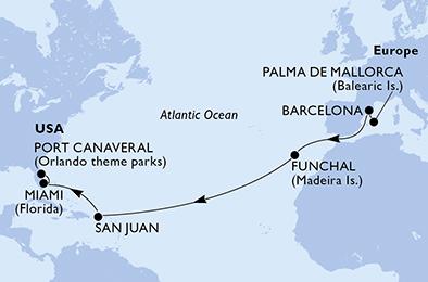 Španělsko, Portugalsko, USA z Palma de Mallorca na lodi MSC Grandiosa