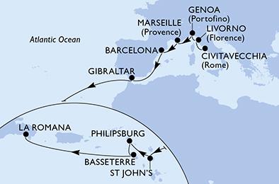 Itálie, Francie, Španělsko, Velká Británie, Antigua a Barbuda, Svatý Martin, Svatý Kryštof a Nevis, Dominikánská republika z Civitavecchia na lodi MSC Opera