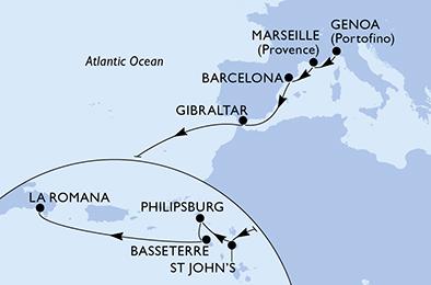 Itálie, Francie, Španělsko, Velká Británie, Antigua a Barbuda, Svatý Martin, Svatý Kryštof a Nevis, Dominikánská republika z Janova na lodi MSC Opera