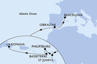 Španělsko, Velká Británie, Antigua a Barbuda, Svatý Martin, Svatý Kryštof a Nevis, Dominikánská republika z Barcelony na lodi MSC Opera