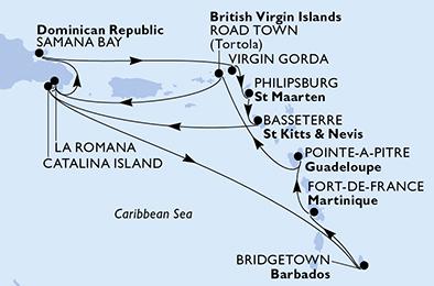 Barbados, Martinik, Guadeloupe, Britské Panenské ostrovy, Dominikánská republika, Zámořské území Velké Británie, Svatý Martin, Svatý Kryštof a Nevis z Bridgetownu na lodi MSC Opera