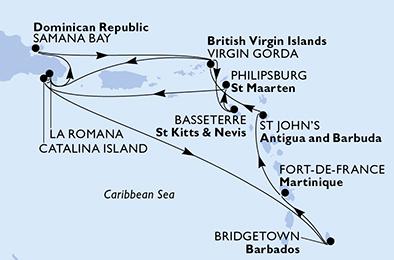 Barbados, Martinik, Antigua a Barbuda, Zámořské území Velké Británie, Dominikánská republika, Svatý Kryštof a Nevis, Svatý Martin z Bridgetownu na lodi MSC Opera